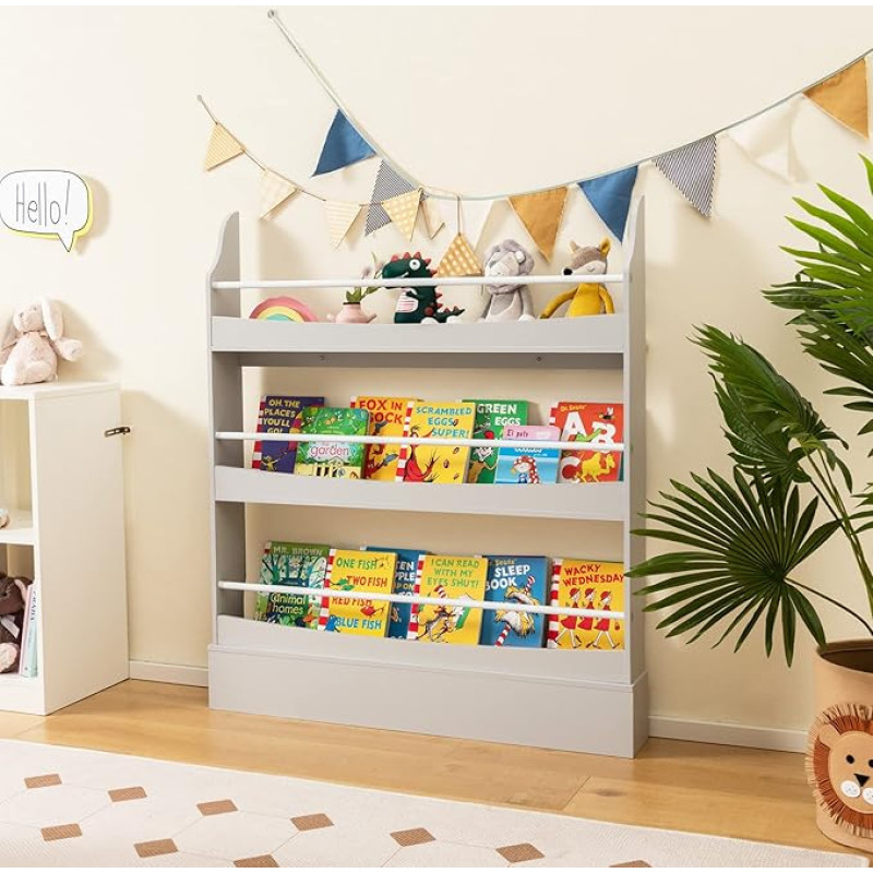 DREAMADE Children's Bookcase with 3 Shelves, Wall Shelf, Storage Shelf for Books, Toys, Children's Shelf for Children's Room, Living Room, Nursery (Grey, 3 Shelves)