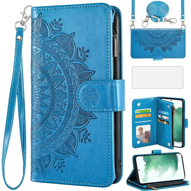 Asuwish mobiliojo telefono dėklas Samsung Galaxy S22 Plus 5G korpusas su dirželiu ir plėvele Ekrano apsauga Kortelės lizdas Sulankstomas odinis gėlių piniginės stovas S 22 + S22+ S22Plus 22+ 4G korpusai Apsauginis telefonas