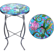 MUMTOP šoninis staliukas, mozaikinis šoninis staliukas lauke 14 colių Kolibris ir gėlė Stiklo akcentas Apvalus šoninis staliukas Augalų stovas Mažas kavos staliukas sode ar svetainėje