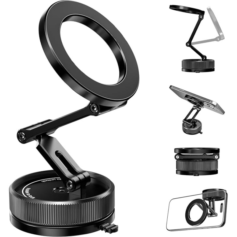 ALAFLY Magnetic Car Mobile Phone Holder [Improved Vacuum Suction Cup] [Triaxial Foldable] Car Mount for Dashboard/Windshield/Screen, Compatible with MagSafe for iPhone