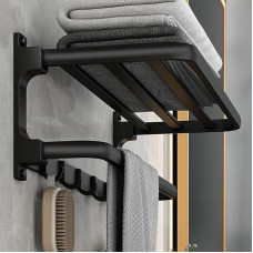 Rankšluosčių laikiklis su rankšluosčių laikikliu, rankšluosčių laikiklis su 5 kabliukais, sulankstomas rankšluosčių laikiklis, nerūdijantis rankšluosčių laikymo sieninis laikiklis, skirtas vonios kambariui, tualetui, matinės juodos spalvos, 60 cm