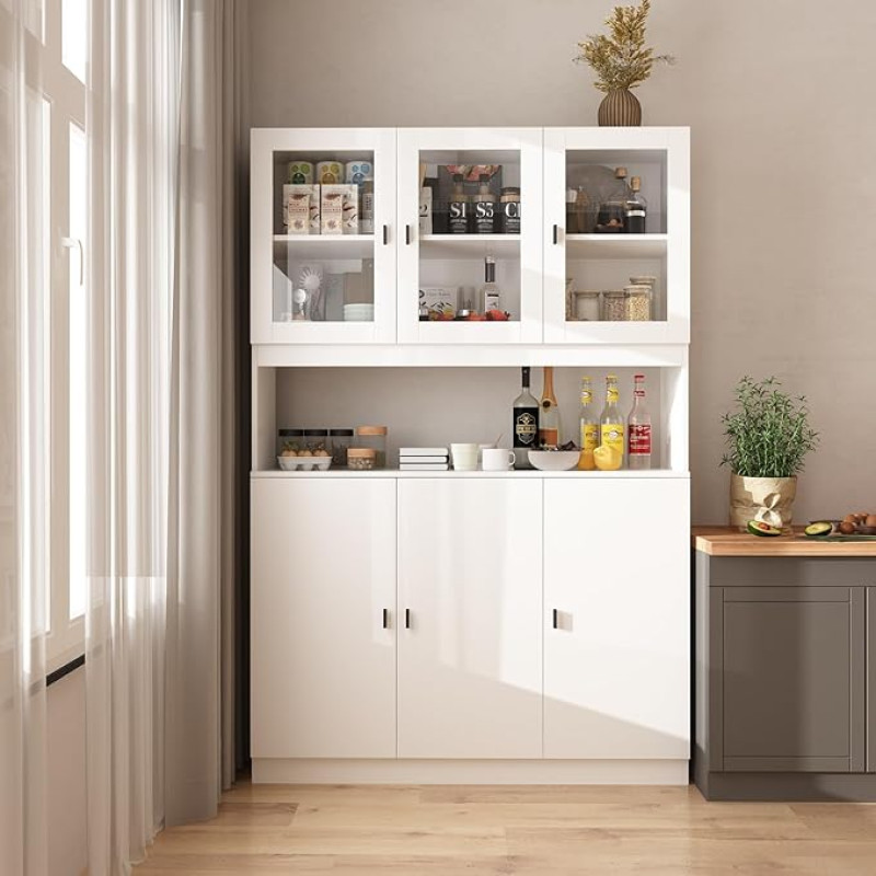 Caldion Kitchen Cabinet with 6 Doors, Kitchen Buffet Kitchen Cabinets with Worktop, Buffet Cabinet with Adjustable Shelves for Dining Room, Kitchen, White, 120 x 30 x 180 cm