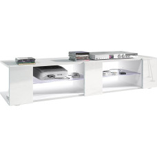 Vladon Lowboard Movie V2 TV Cabinet with 6 Open Compartments and Trims, Matt White / High Gloss White with LED Lighting White (134 x 29 x 39 cm)