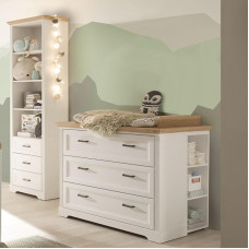 Kūdikių kambario persirengimo stalelis, pertvarkomas į komodą su stovinčia lentyna, kaimiško stiliaus, pušies baltos spalvos su ąžuolu