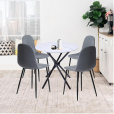 BaldaiR Apvalus medinis valgomojo stalas 80 cm Virtuvės medinis stalas ir 4 valgomojo kambario kėdės Skandinaviško stiliaus smėlio ir juodos spalvos baltas marmurinis stalas + 4 apvalios pilkos spalvos kėdės