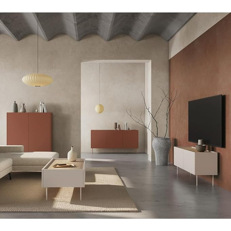 Wohnmöbel Set Wohnwand in rot und Kaschmir mit Eiche, 4-teilig mit Couchtisch, Highboard, Lowboard, Sideboard, modern, grifflos