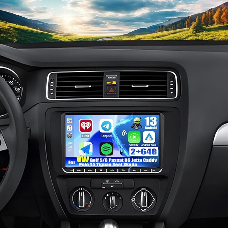 CAMECHO 2G + 64G Android 13 automobilinis radijas VW Golf 5 Polo Skoda su Navi Carplay Belaidis Android automobilis, Dvigubas DIN radijas su 9 colių jutikliniu ekranu Bluetooth/FM/RDS SWC + HD atbulinės eigos kamera