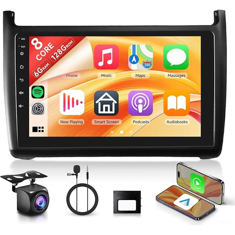 8 branduolių 6+128G Android automobilinis radijas VW Polo 6R 6C 9N 2008-2016 Belaidis Carplay 9 colių jutiklinis ekranas su Android Car Mirror Link Bluetooth FM/RDS/EQ/DSP WiFi GPS navigacija Vairo valdymas
