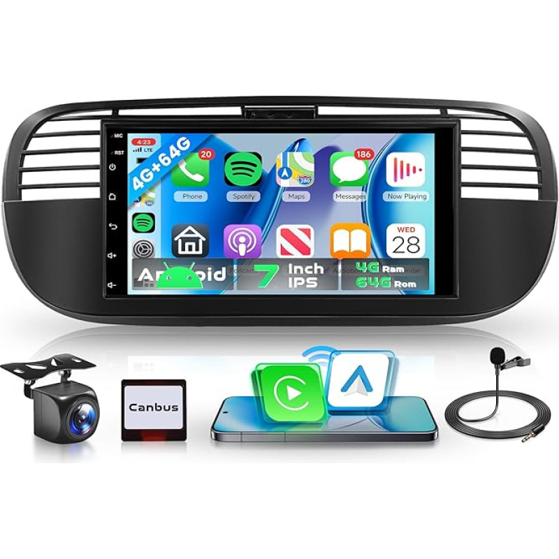 Rimoody 4G+64G Wireless Carplay Android Autoradio für FIAT 500 2007-2015 7 Zoll Autoradio mit Wireless Android Auto Navi GPS WIFI Mirror Link Bluetooth FM/RDS 32 EQ/USB Lenkradsteuerung Rückfahrkamera