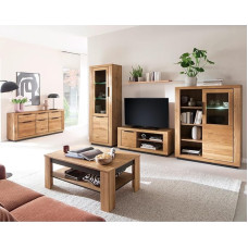 Svetainės baldų komplektas iš dalies iš ąžuolo masyvo 6 dalys 1 Vitrina 1 Sieninė lentyna 1 Žemoji lenta 1 Aukštoji lenta 1 Kavos staliukas 1 Spintelė su apšvietimu