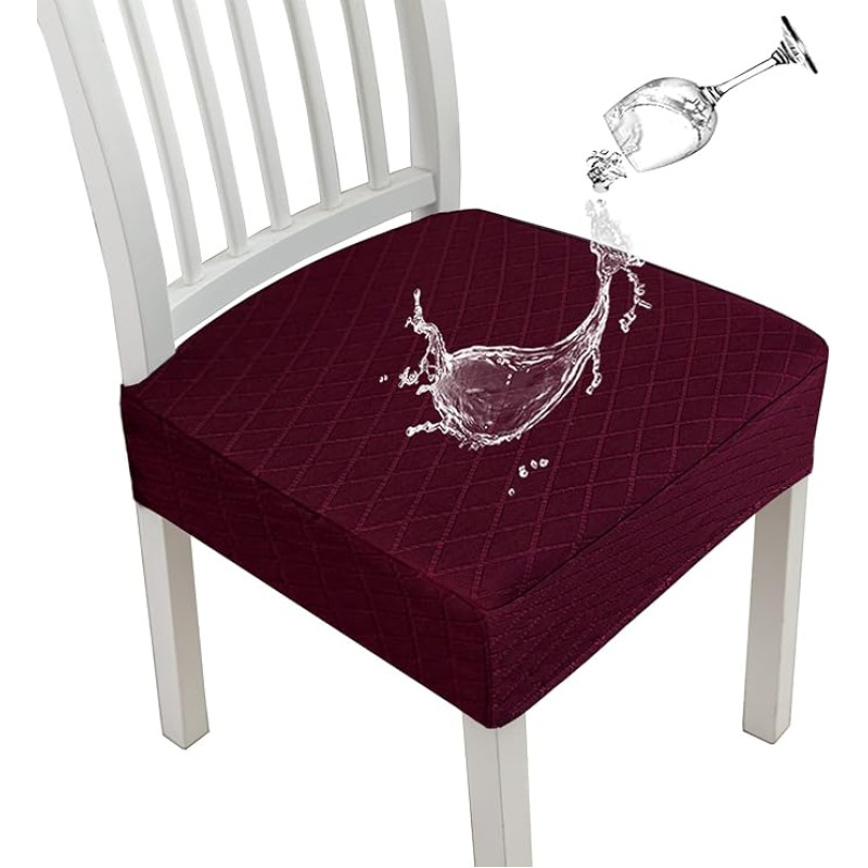 JUNZHE Diamond Grid Vandeniui atsparios kėdžių sėdynių dangteliai valgomojo kėdėms, įtempiami valgomojo kambario virtuvės kėdžių dangteliai, nuimami, skalbiami kėdžių sėdynių pagalvėlių dangteliai (vyno raudona, 4 dangteliai)