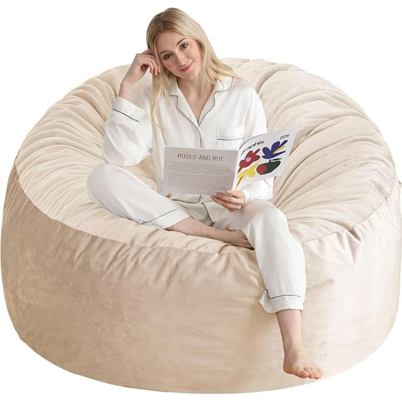 Sitzsack-Stuhl, Memory-Schaum-Sitzsack-Stühle für Erwachsene mit Füllung, rundes Sitzsack-Sofa mit Füllstoff, Sitzsäcke mit weichem holländischem Samtstoff, 90 cm, Beige