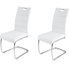KHG Set of 2 Dining Room Chairs, Swing Chairs, Upholstered Kitchen Chairs, Faux Leather, White, Design Chair, Seat Height 48 cm, Cantilever Chair with Integrated Handle, for Office, Kitchen, Living