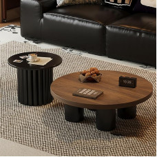 GNYVZXPLQ Daugiafunkcinis sulankstomas stalas, vidurio amžiaus apvalus medinis kavos staliukas, 2 dalių rinkinys, modernus apskritimo formos kokteilių akcentas, sofos staliukas gyvenamajame kambaryje (80 cm kombinuotas riešutmedžio + juodas staliukas)