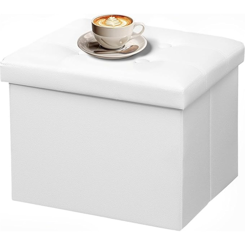 AmasSmile® Aufbewahrungs-Ottomane, zusammenklappbare Fußstütze, 43,2 cm, Leder-Fußhocker, Bank, kurzer Ottomanhocker, Aufbewahrung, Fußstütze, Bücher, Schallplatten, unterstützt 150 kg, Weiß