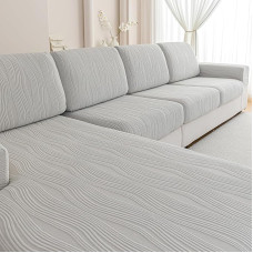 QIANMEW Kanapių pagalvėlių užvalkalai, itin elastingi skalbiami sofos užvalkalai L formos modulinėms sėdynėms, naminių gyvūnėlių baldų apsauga su dryžių dizainu (3 sėdimos vietos + 1 šezlongas, šviesiai pilka)