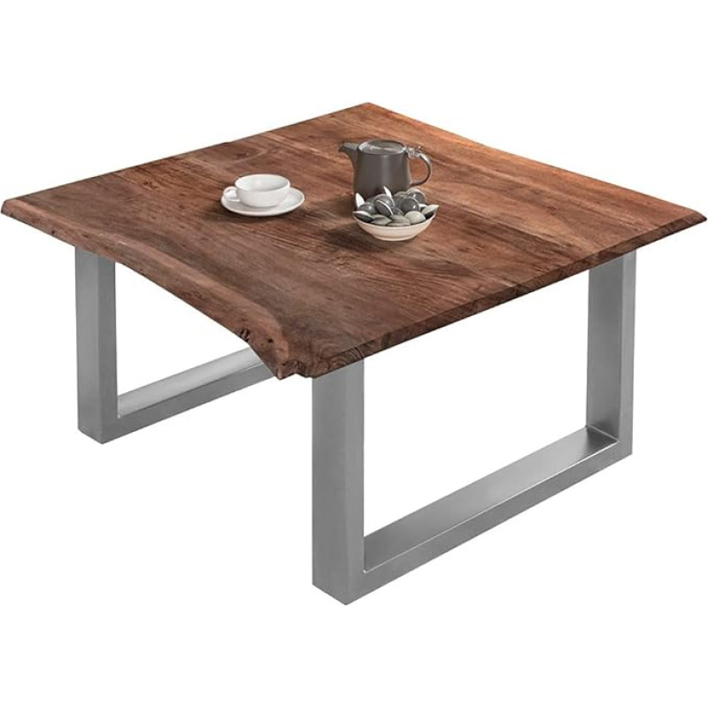 SAM Billy kavos staliukas 80 x 80 cm Real Wane, akacijos mediena, riešutmedžio spalvos, kietas sofos staliukas, U-metalo rėmas, sidabrinės spalvos