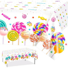 PHOGARY Sweet Candyland Tablecloth, Pack of 3 Candy Themed Plastic Tablecloths, Two Cute Birthday Tablecloths, Colourful Lollipop Tablecloths for Girls Party, Candy Country Christmas Decoration