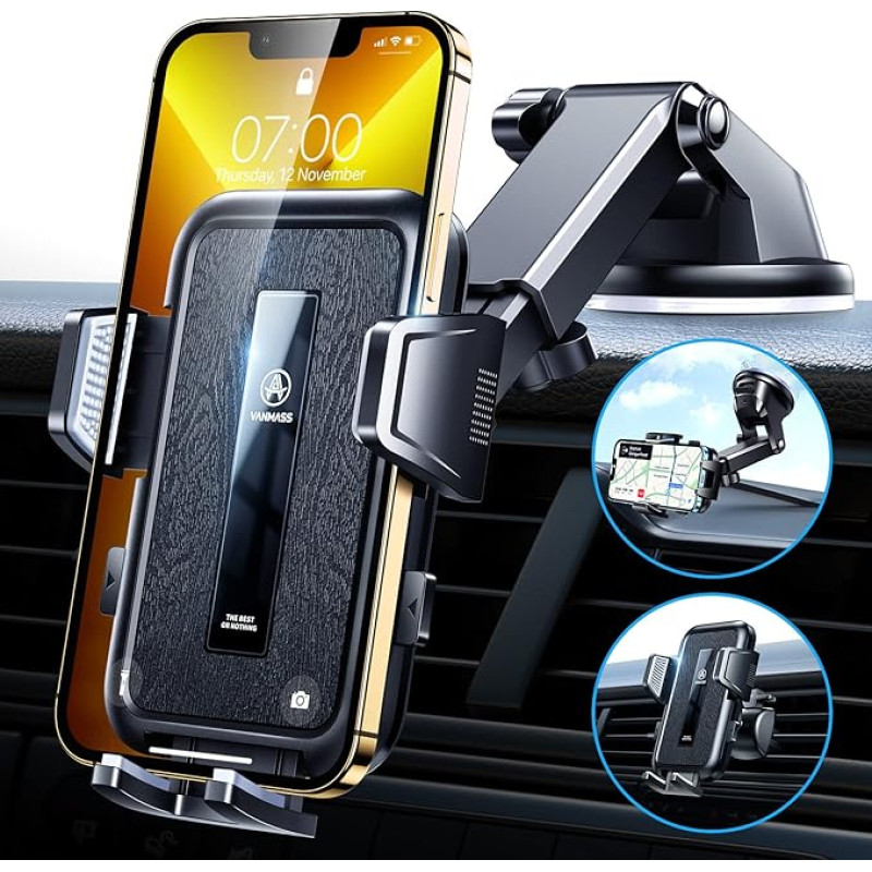 VANMASS 2024【True Military Class】 Mobile Phone Holder Car 【Bombproof Ver. CTVK61 Suction Cup & Clip】Universal Mobile Phone Holder Car Dashboard Disc Ventilation for iPhone 16 Pro Max/13/14 Samsung S24