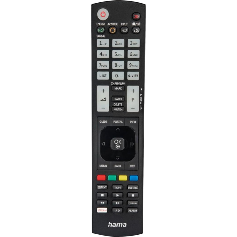 Hama Universal Remote Control for LG TVs (Infrared, Learnable, Luminous Buttons, Smart Button, Easy Mode Function, Ergonomic Main Buttons, 10 m Range) Black