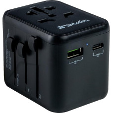 Verbatim Universal Travel Adapter UTA‑02, Socket Adapter with USB‑A and USB-C Port, Fast Charger for Laptop, Mobile Phone, Camera etc. Travel Plug Worldwide, 100 - 250 V