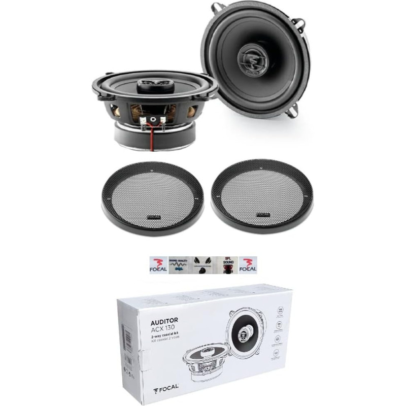 2 Speakers Compatible with Focal Auditor ACX-130 ACX130 2 Way Coaxial 13 cm 130 mm 5.25 Inch Diameter 50 Watt RMS and 100 Watt Max 4 Ohm 90 dB per Pair + Grid and 5 Free Stickers