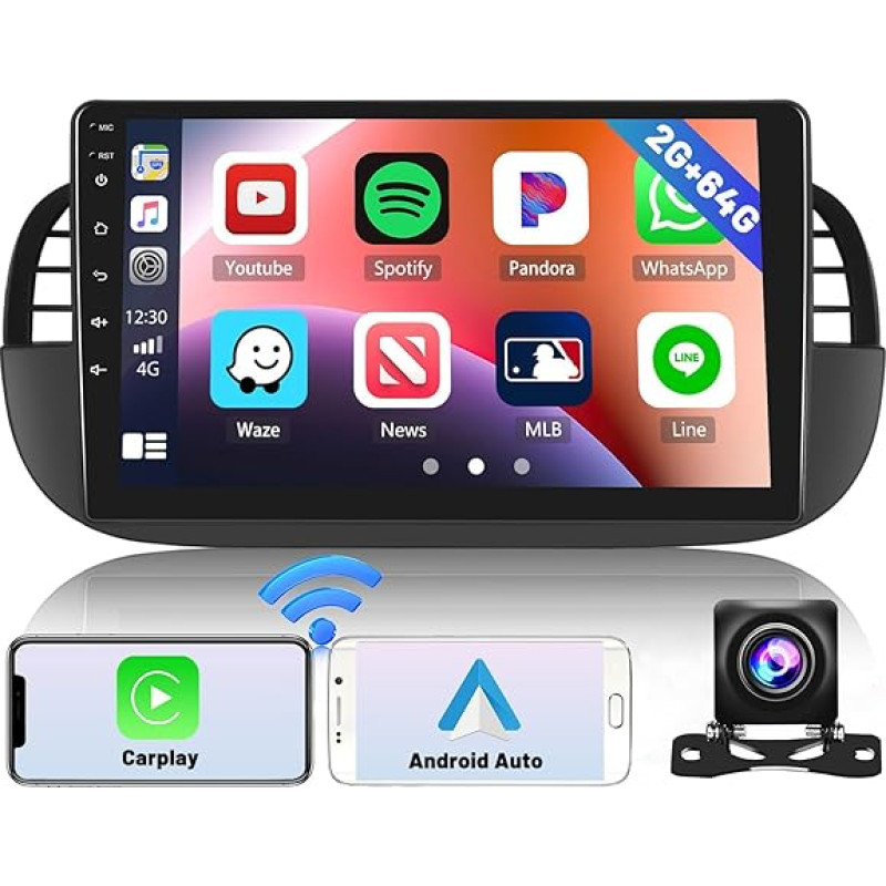 Hikity 2 + 64 GB Android Car Radio for Fiat 500 2007 2008 2009 2010 2011 2012 2013 2014 2015, Built-in Wireless CarPlay and Android Car, 9 Inch Touchscreen Car Radio with Sat Nav WiFi Reversing Camera