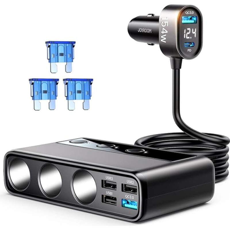 JOYROOM Cigarette Lighter Distributor, 154 W Car Charger Adapter, Triple 12 V/24 V Plug Charging Cable Splitter with 5 USB Ports for iPhone 15/iPad/Dashcam/GPS/Seat Heating