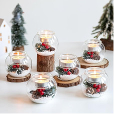 Tea Light Holder Christmas Candle Holder Christmas Decoration Interior: Hewory Pack of 6 Table Decoration Christmas Decoration Tea Light Glasses with Red Berries Pine Cones for Table Decoration