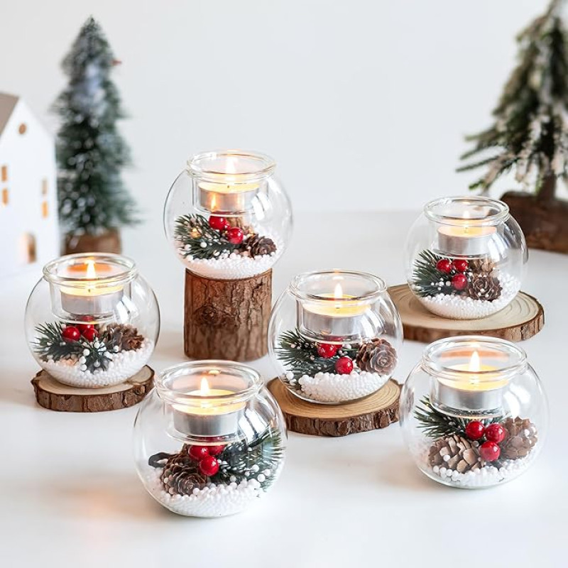 Tea Light Holder Christmas Candle Holder Christmas Decoration Interior: Hewory Pack of 6 Table Decoration Christmas Decoration Tea Light Glasses with Red Berries Pine Cones for Table Decoration