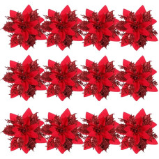 NUOBESTY 12 Pack Glitter Poinsettia Flowers Christmas Tree Decorations Christmas Wreath Party Decorations for Christmas Party Hanging Flower Decoration