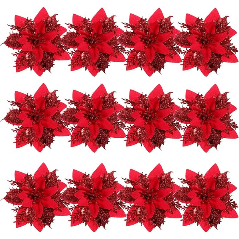 NUOBESTY 12 Pack Glitter Poinsettia Flowers Christmas Tree Decorations Christmas Wreath Party Decorations for Christmas Party Hanging Flower Decoration