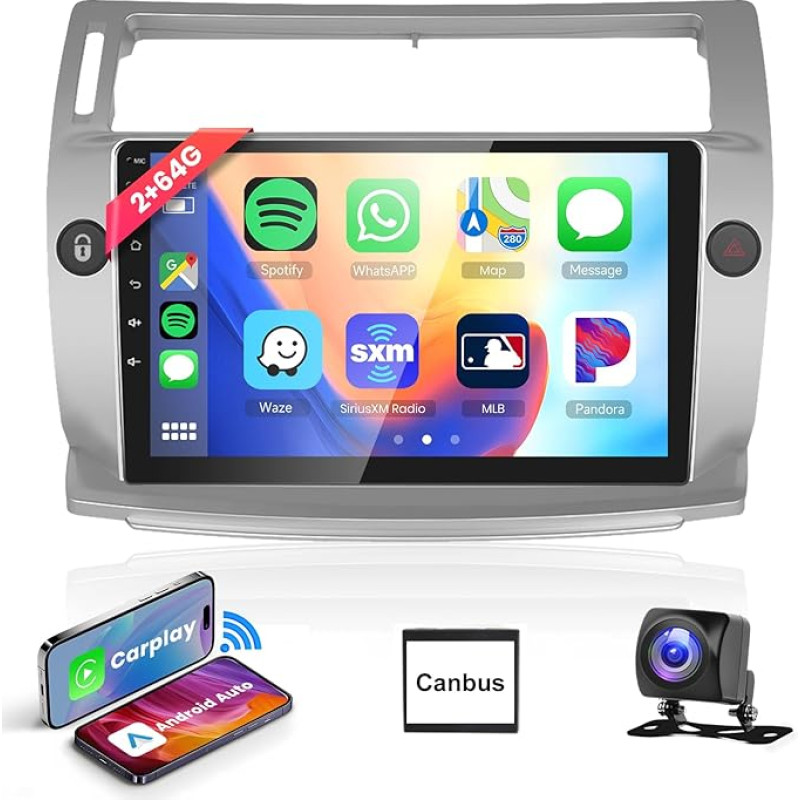 Podofo Carplay Car Radio for Citroen C4 2004-2009/C-Quatre 2008-2011 (Manual A/C), 9 Inch Car Radio 2+64G with Wireless Carplay Android Car, Bluetooth/GPS/WiFi/FM/SWC/HiFi/USB+Reversing Camera