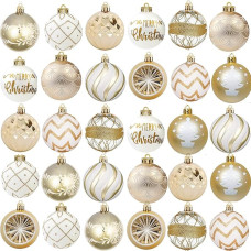 Weihnachtskugeln, Weihnachtsbaumschmuck, 6 cm, bruchsicher, Weihnachtskugeln, Ornament-Set für Weihnachtsbaumschmuck, Weihnachtskranz und Partydekorationen (Weiß, Gold), 30 Stück