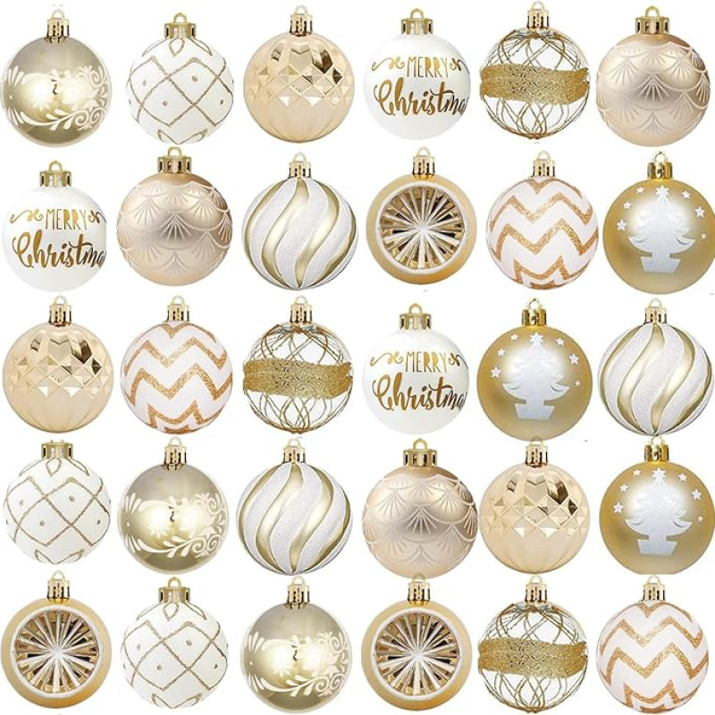 Weihnachtskugeln, Weihnachtsbaumschmuck, 6 cm, bruchsicher, Weihnachtskugeln, Ornament-Set für Weihnachtsbaumschmuck, Weihnachtskranz und Partydekorationen (Weiß, Gold), 30 Stück