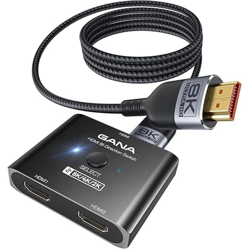 GANA HDMI 2.1 Switch, Ultra HD 8K Bi-directional HDMI Splitter, Support 4K@120Hz, 8K@60Hz 【with 4ft HDMI Cable】Aluminum HDMI Selector for PS5/PS4, Xbox, Roku, TV, Fire Stick (Black)