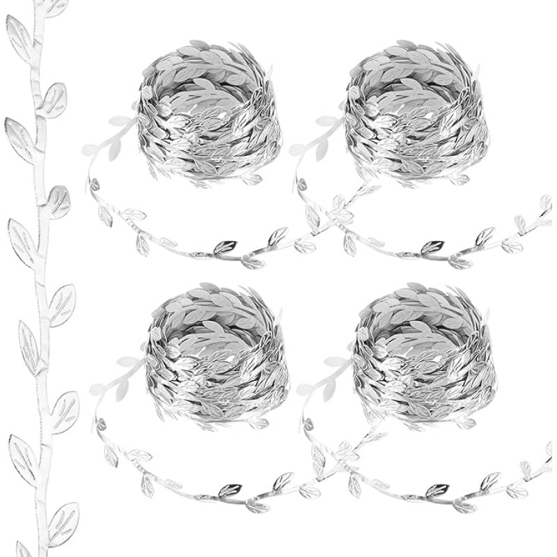 PATIKIL 44 Yards Silver Leaf Ribbon, Leaf Embellishment String Artificial Leaf Ribbon for Christmas Wreath, Gift Wrapping, Wedding Decoration, Style 8