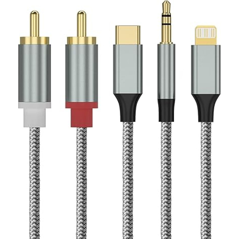 Lightning/USB Type C/3.5 mm to 2 RCA Aux Cable 1.3 m, 3 in 1 2 RCA RCA Cable Stereo for Lightning/USB Type C/3.5 mm Interface Compatible with iPhone/Huawei/Samsung Galaxy/Google Pixel/OnePlus