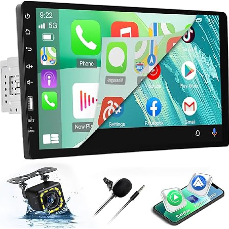 1 DIN Car Radio with Screen with Carplay and Android Car - 9 Inch Touchscreen Carplay Radio with EQ, Mirror Link, Bluetooth, FM Radio, SWC + Reversing Camera