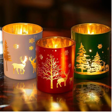 FairyPeach Christmas Tea Light Holder, Pack of 3, Candle Holder for Decoration, Christmas, Lantern Christmas, Gifts for Christmas, Glass Candle Holder, Lantern Glass, Deer Candle Holder, Table