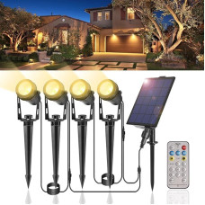 Saulės sodo apšvietimas LED, 15 m 4 sodo prožektoriai su antžeminiu smaigaliu, sodo apšvietimas 12 režimų, skirtas lauko sodo vejos keliui, tvenkiniui, terasai, tvorai, sodo žibintams, šiltai baltos spalvos