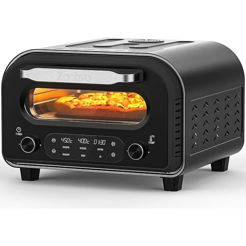 ZACHVO elektrinė picų kepimo krosnelė - iki 450 °C, 5 iš anksto nustatyti picų tipai, 1-60 minučių laikmatis, jutiklinis ekranas ir sukamoji rankenėlė, nerūdijančiojo plieno korpusas, 32 cm picai, pridedamas picų akmuo, picos žievelė, receptų knyga,