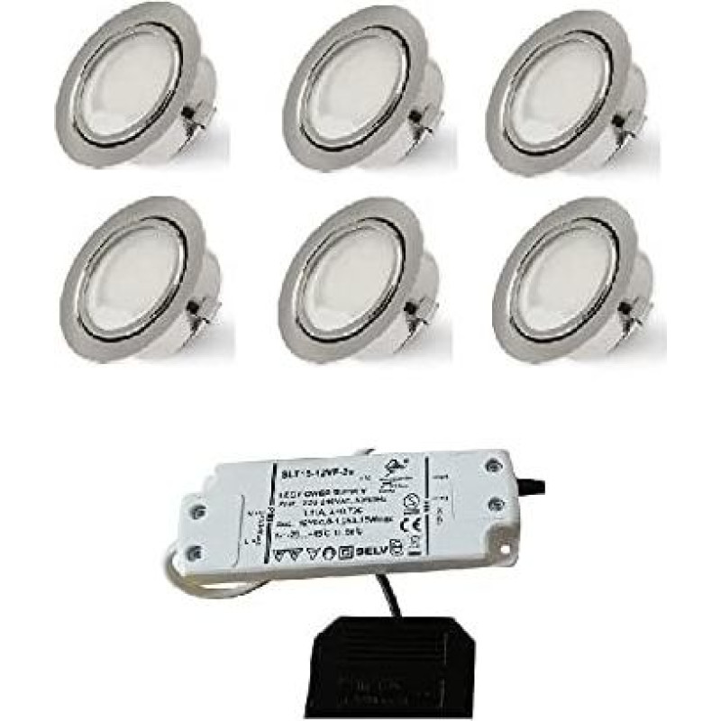 Rolux LED Recessed Light Matte Chrome 58 mm Bore Hole 2.5 W 12 V Warm White Ultra Flat Connectable to AMP or Mini-AMP Plug System (Set of 6)