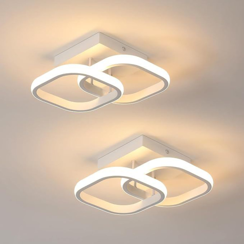 Pack of 2 Modern LED Ceiling Lights, 24 W, 2700 lm, Small Square LED Ceiling Light, Interior Lighting for Bedroom, Living Room, Aisle, 3000 K Warm Light, White, 24 cm