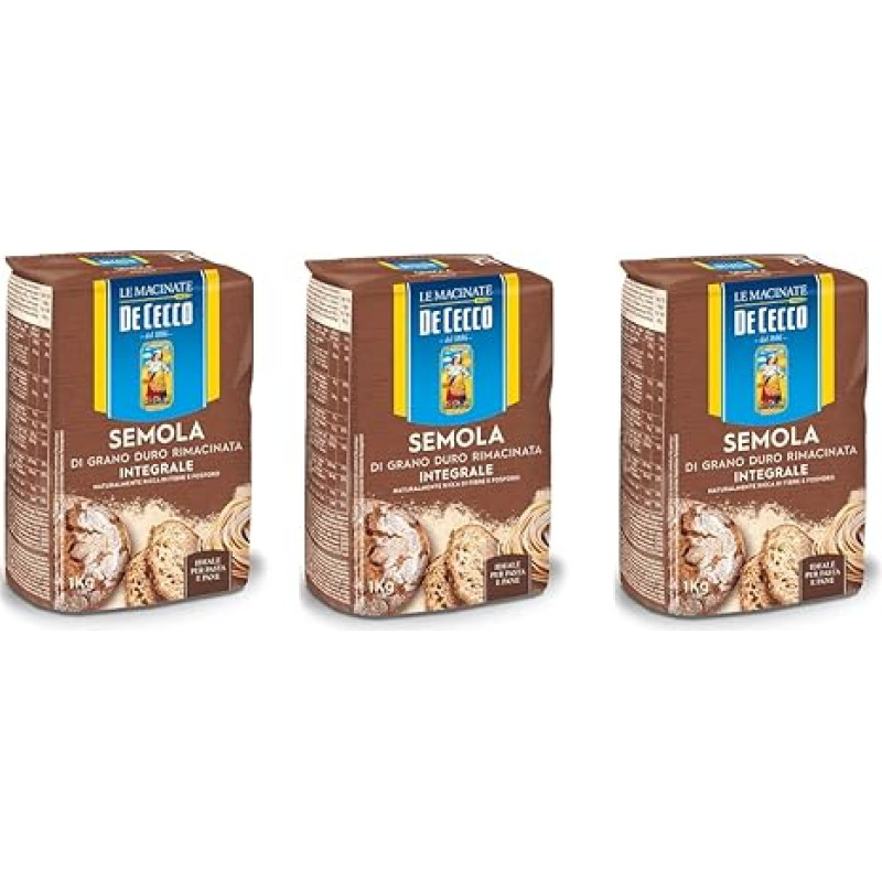 3x De Cecco Semola di Grano Duro Integrale Whole Grain Durum Wheat Semolina 1 kg Ideal for Pasta and Bread
