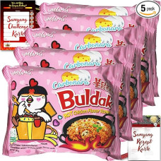 Asiafoodland Samyang Carbonara Set, Buldak Ramen from South Korea, Sharp/Creamy Pasta, with Challenge and Recipe Card, Pack of 5 (5 x 130 g)