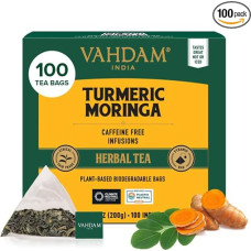 VAHDAM, Ciberžolės Moringa Žolelių arbatos maišeliai (100 arbatos maišelių) Be kofeino | Ciberžolės ir švieži sodo prieskoniai | Supakuota Indijoje | Virkite karštą, ledinę ar kombučos arbatą