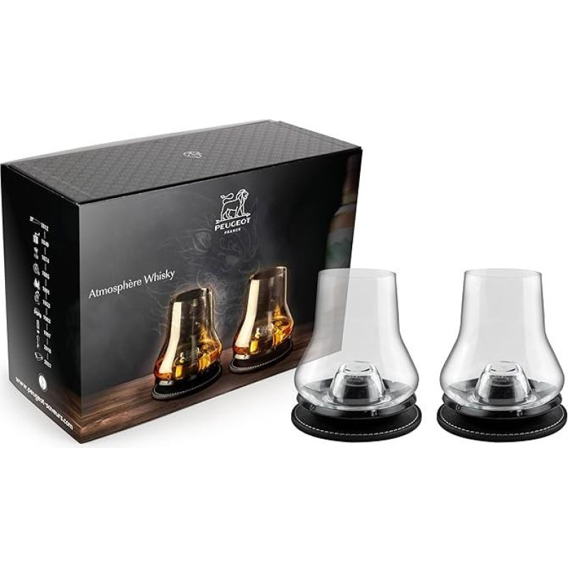 PEUGEOT - viskio degustavimo pakuotė - 2 rinkiniai (stiklinė viskiui + aušinimo pagrindas + padėkliukas) + knygelė - Sublime Les Saveurs - Dovanų dėžutė Viskis, armanjakas, konjakas