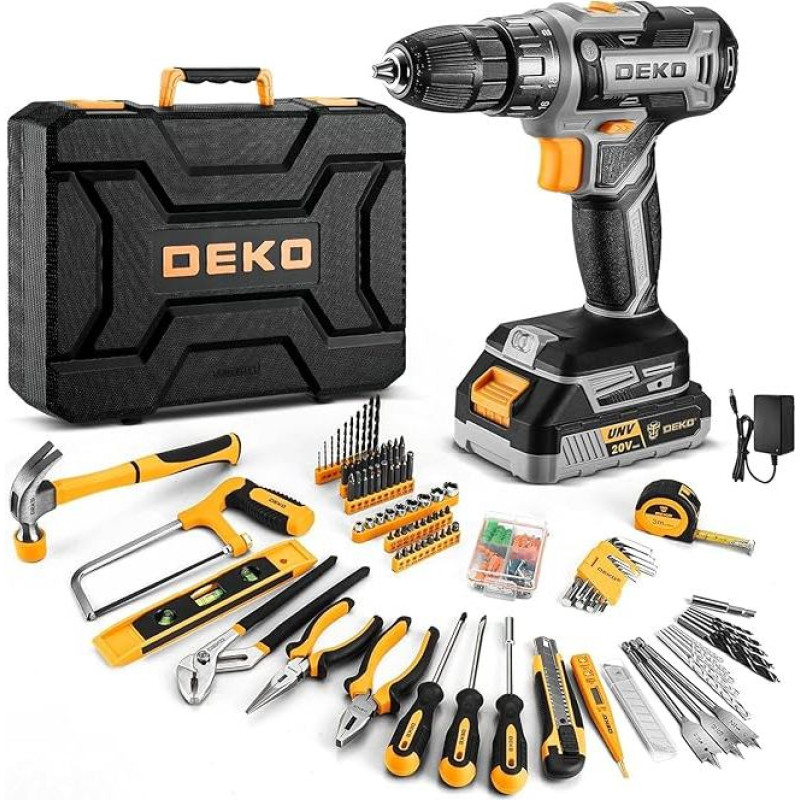 DEKO įrankių dėžė Akumuliatorinis atsuktuvas Įrankių dėžė Įrankių rinkinys 186 dalių komplektas su 20 V akumuliatoriniu atsuktuvu Akumuliatoriniai gręžimo įrankiai namų ūkio dirbtuvėms 