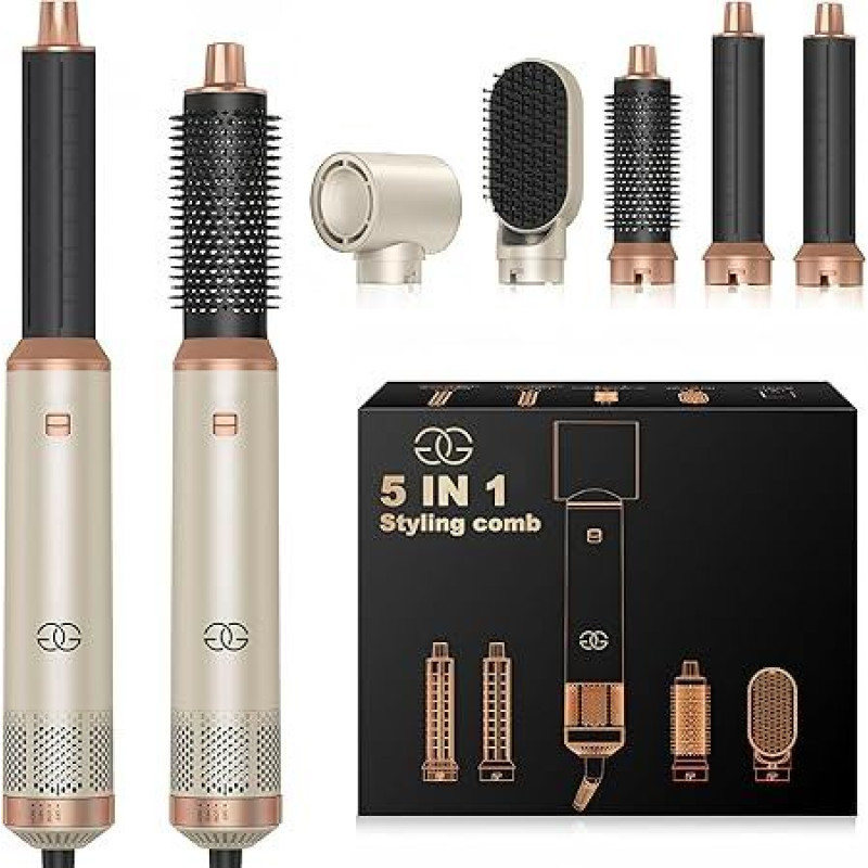 Airstyler 5-in-1 Curling Iron, Golden Goods Hairstyler Set with Warm Air Brush, Straightening Brush, 1000 W Hair Dryer, Gives Volume, Straightening, Curls and Blow-Drying, Round Brush Dryer